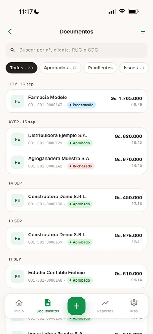 Listado de documentos en la app, agrupado por día, con filtros por estado