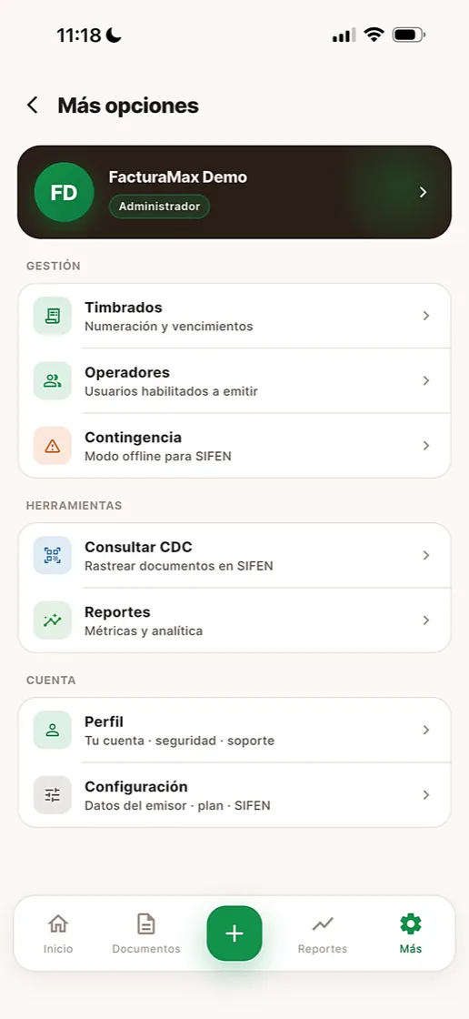 Pantalla Más opciones de la app con Timbrados, Operadores, Contingencia, Consultar CDC, Reportes, Perfil y Configuración