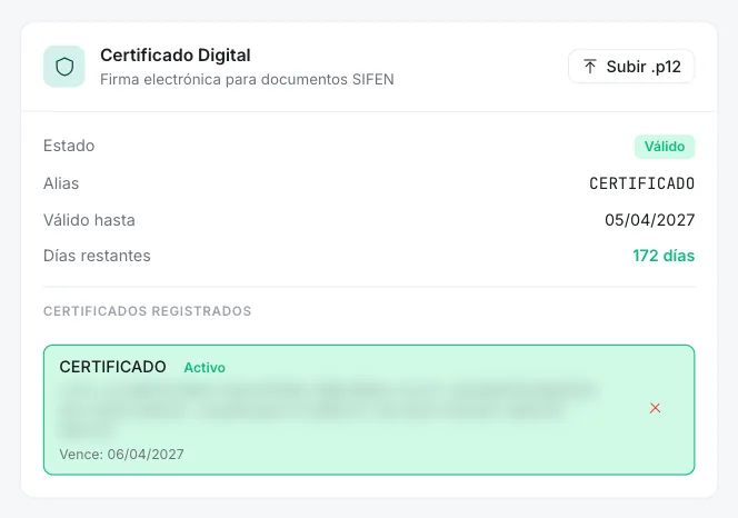 Recuadro Certificado Digital con estado Válido, alias, fecha de vencimiento, días restantes y la lista de certificados registrados