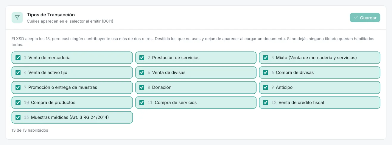 Recuadro Tipos de Transacción con los 13 tipos tildados y el contador 13 de 13 habilitados