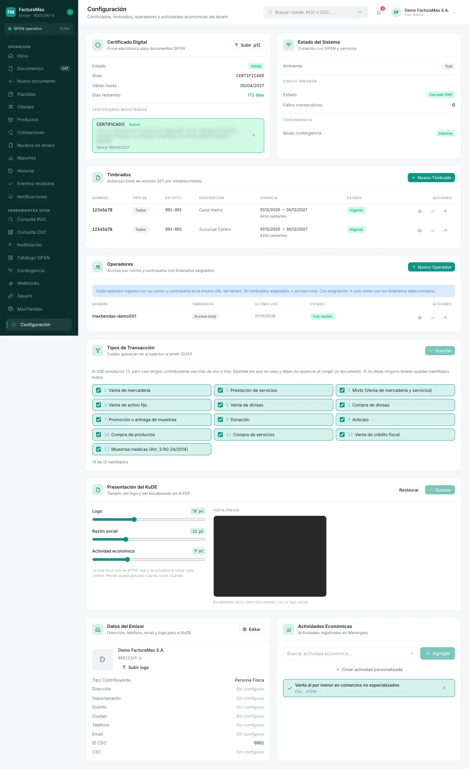 Pantalla de Configuración completa donde se ven los recuadros Presentación del KuDE, con los controles de Logo, Razón social y Actividad económica, y Datos del Emisor
