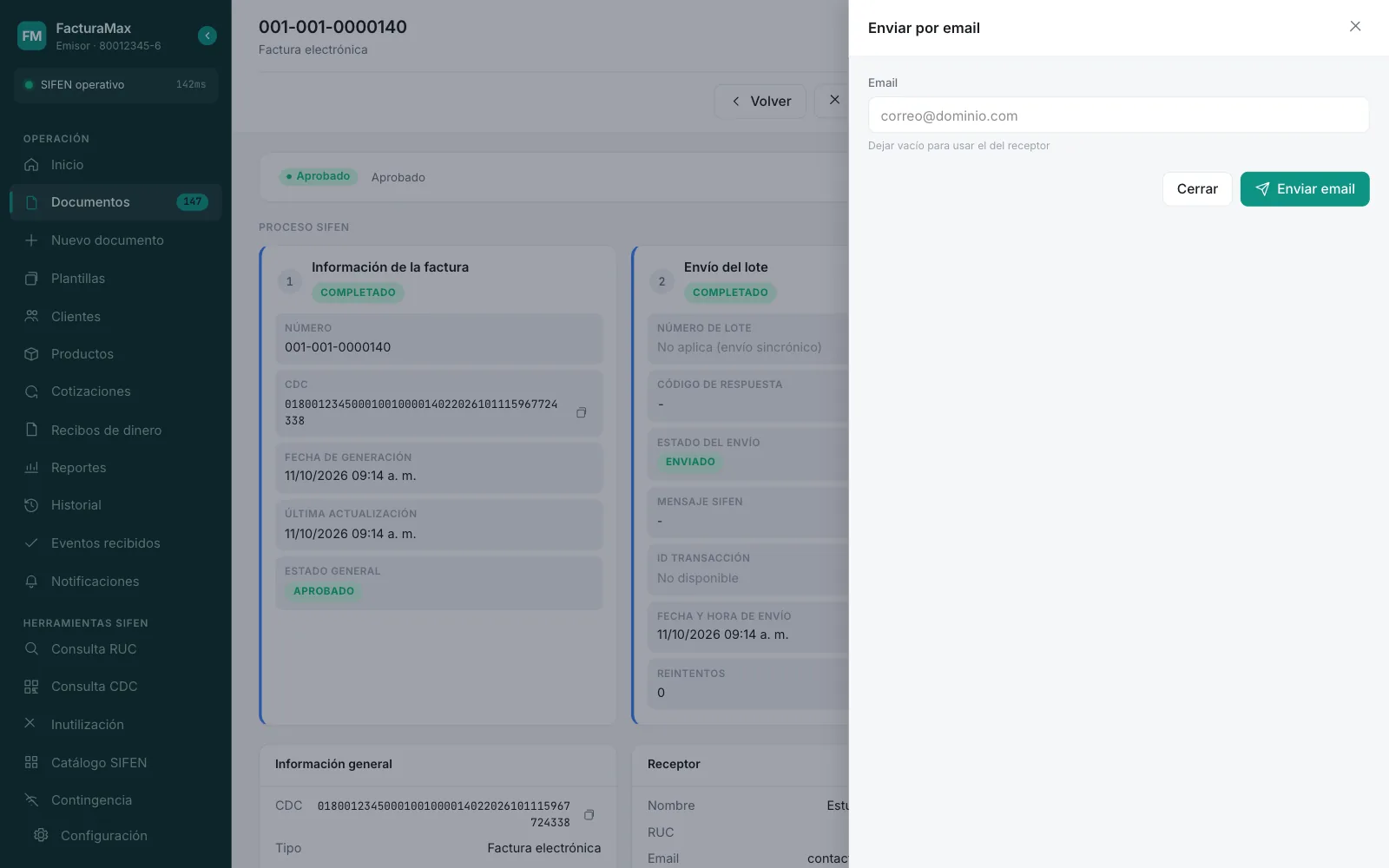 Panel lateral Enviar por email con el campo Email, la ayuda Dejar vacío para usar el del receptor y los botones Cerrar y Enviar email