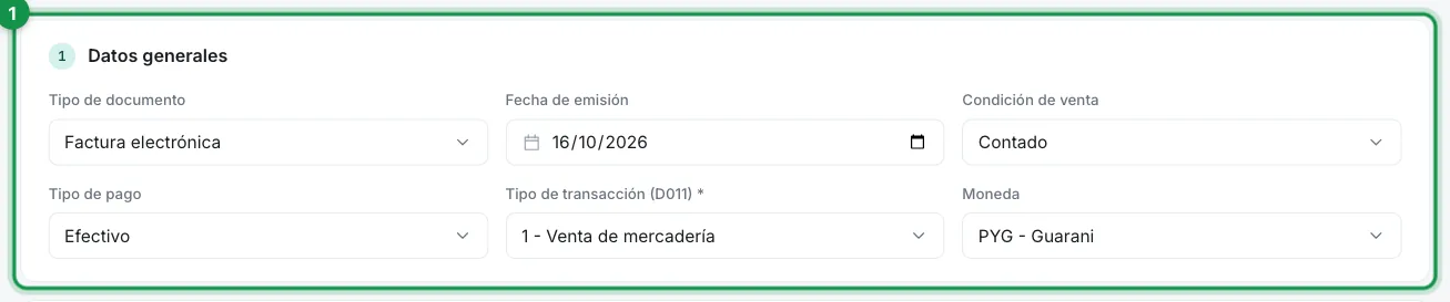 Bloque Datos generales con Factura electrónica, fecha de hoy, Contado, Efectivo, 1 - Venta de mercadería y PYG - Guaraní
