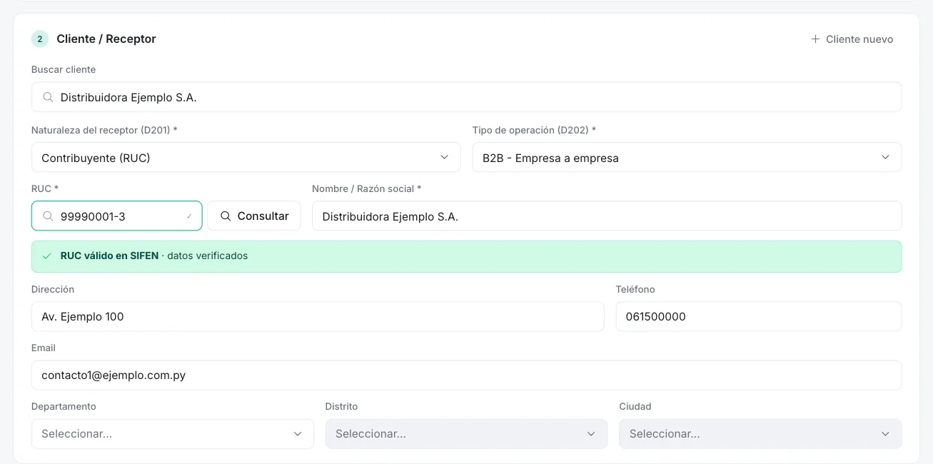 Sección Cliente / Receptor del formulario de emisión con un cliente elegido y el RUC verificado en SIFEN