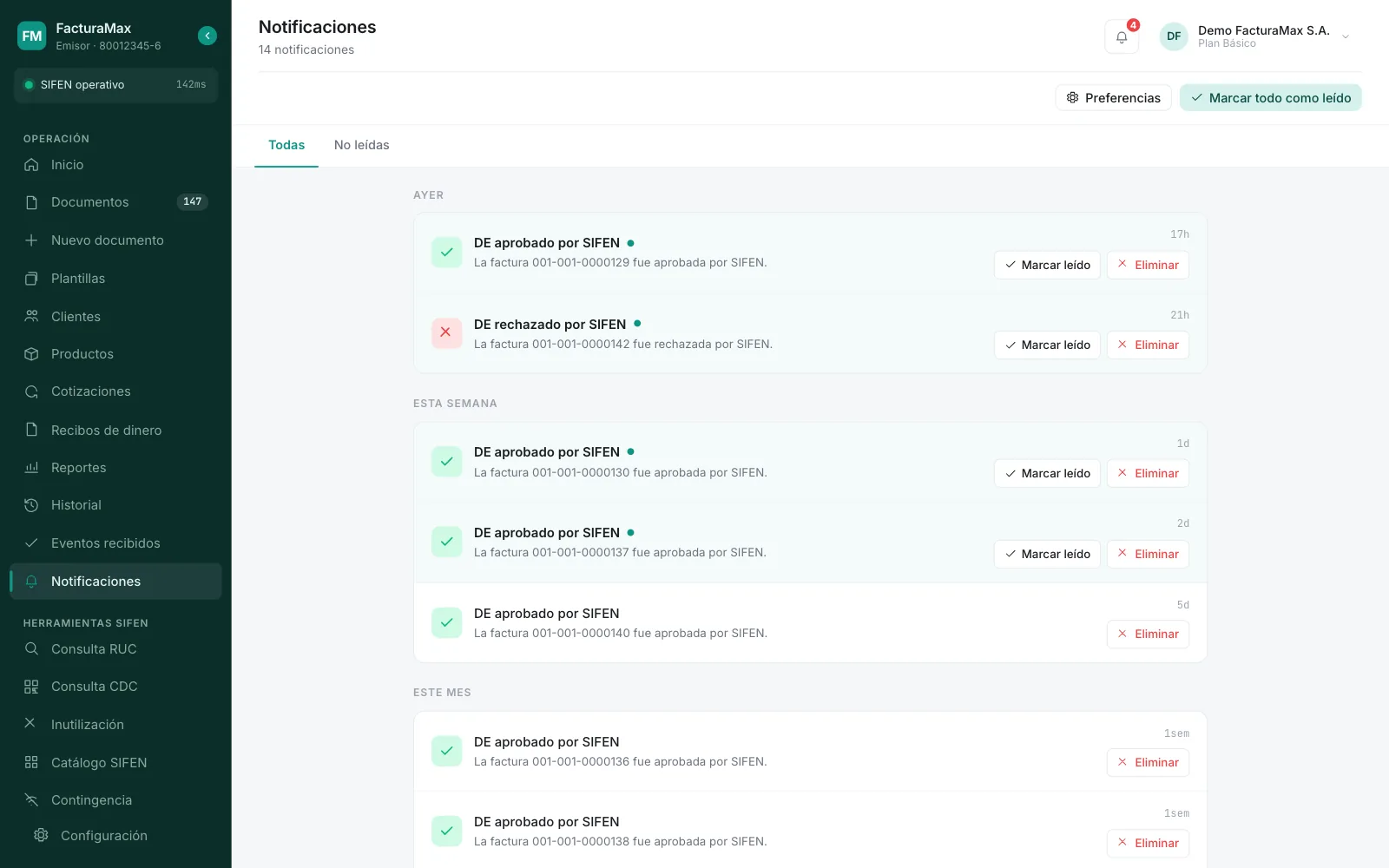 Página de Notificaciones con avisos agrupados por fecha, botones Marcar leído y Eliminar