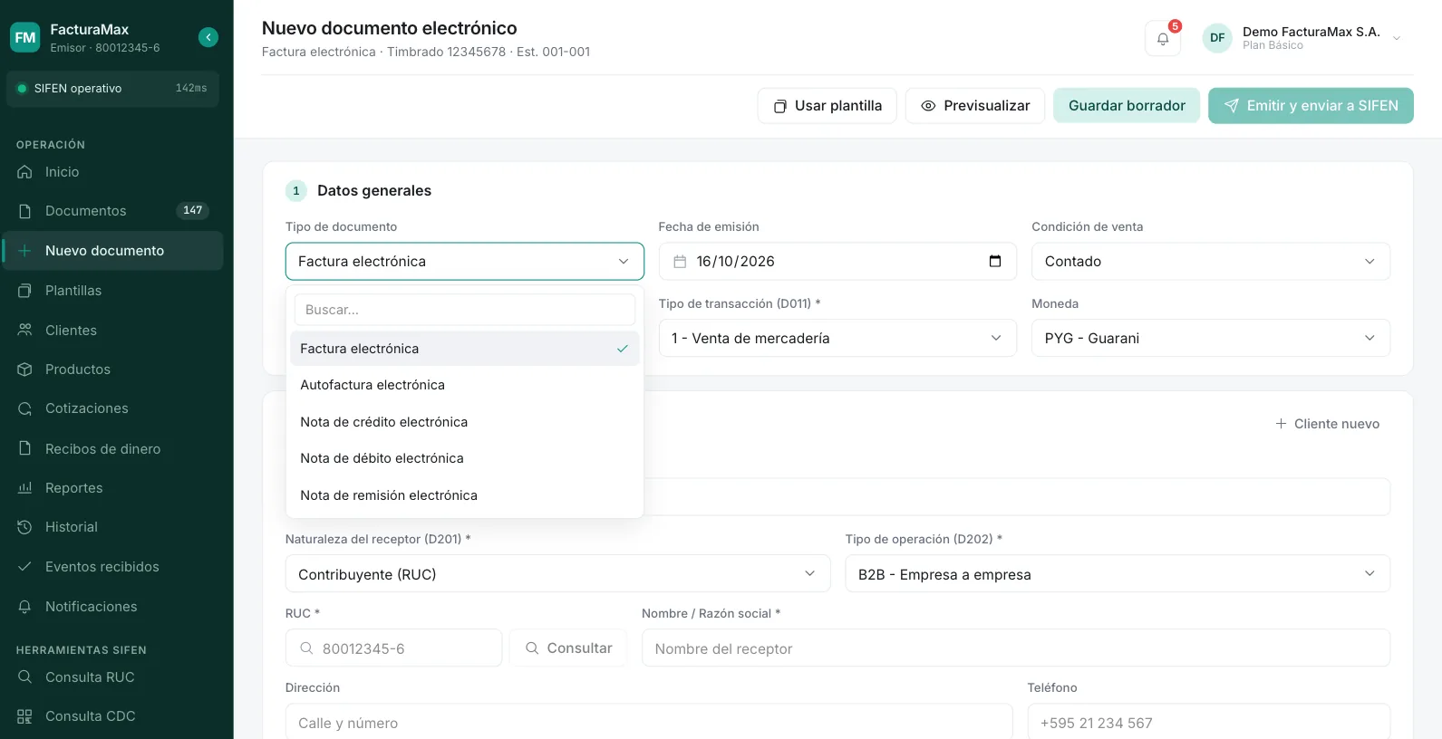 Selector Tipo de documento desplegado con Factura, Autofactura, Nota de crédito, Nota de débito y Nota de remisión electrónica